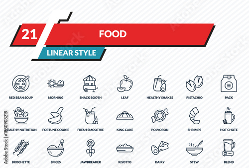 food icons set - red bean soup, morning, snack booth, stew, blend outline vector collection.