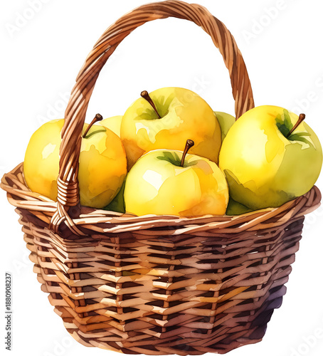 Watercolor illustration of golden apples in a woven basket