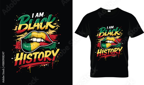 I Am Black History Typography Illustration with Colorful Lips and Pan African Paint Splashes on Black Background, Afrocentric Empowerment Art