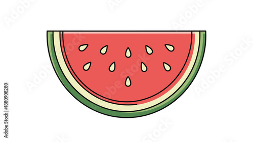 colorful slice of juicy red watermelon with black seeds and a green rind isolated on a plain white background.