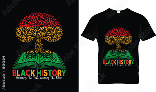 Black History Illustration with Tree Growing from Open Book in Pan African Colors, Honoring the Past Inspiring the Future Afrocentric Educational Art