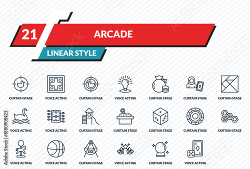 arcade icons set - curtain stage, voice acting, curtain stage, voice acting, curtain stage outline vector collection.