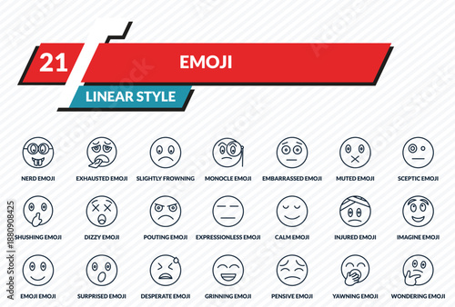 emoji icons set - nerd emoji, exhausted emoji, slightly frowning yawning wondering outline vector collection.