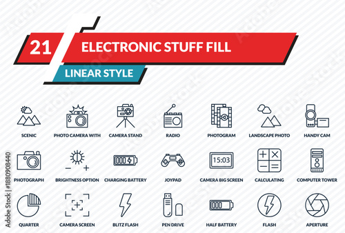 electronic stuff fill icons set - scenic, photo camera with flash, camera stand, flash, aperture outline vector collection.