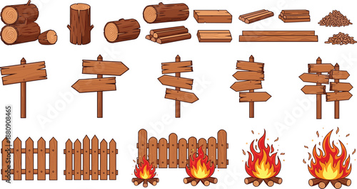 Cartoon-style camping illustration with logs, fences, signposts, and campfires, ideal for outdoor adventure, nature design, and forest-themed visuals
