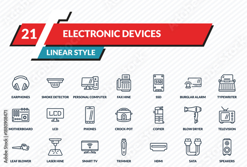 electronic devices icons set - earphones, smoke detector, personal computer, sata, speakers outline vector collection.
