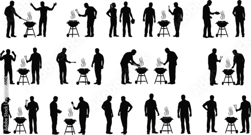 Barbecue grilling men silhouettes set, outdoor BBQ cooking poses, black vector illustration collection for summer party, picnic, backyard food design