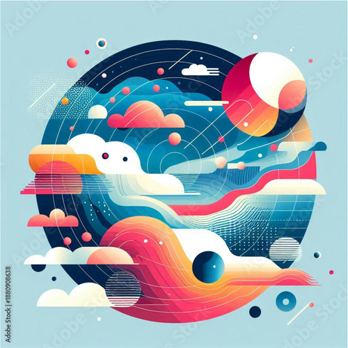 Abstract vector background with fish circle and playful summer travel elements