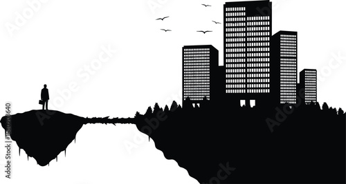 Silhouette of a person standing on a cliff overlooking a city skyline with tall buildings and birds flying