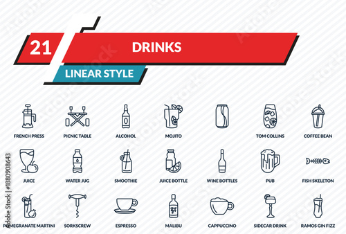 drinks icons set - french press, picnic table, alcohol, sidecar drink, ramos gin fizz outline vector collection.