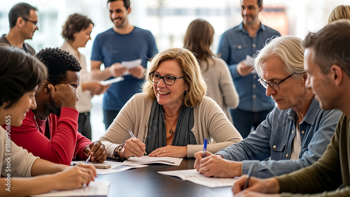 Diverse group of professionals engaged in a collaborative meeting around a table in a bright office setting