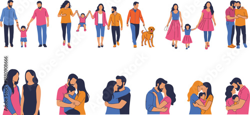 Cartoon-style family and couple scenes showing love, care, and togetherness across diverse relationships and affectionate interactions in a warm visual format.