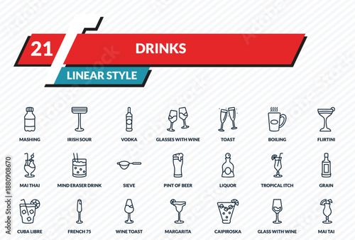 drinks icons set - mashing, irish sour, vodka, glass with wine, mai tai outline vector collection.