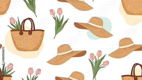 seamless pattern of stylish woven straw bags, elegant sun hats, and pink tulips perfect for summer fashion art.