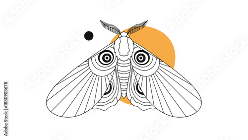 detailed line art of a moth with large circular eye spots on its wings set against an orange sun background.