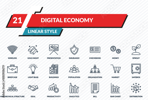 digital economy icons set - wireless, gold ingot, presentation, bar chart, distribution outline vector collection.