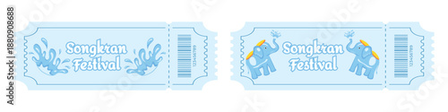 Set of entry tickets for Songkran Water Festival, Thai New Year celebration, with water splashes and elephants, traditional Thai culture and water festival concept