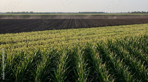 Vast agricultural field with rows of green crops and dark ploughed soil under a clear sky