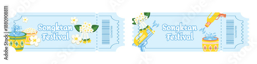 Set of entry tickets for Songkran Water Festival, Thai New Year celebration, with water splashes, buckets of water, tropical flowers, floral decorations and water guns, bright summer festival design