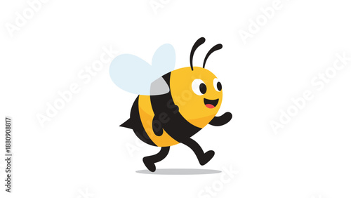 cheerful cartoon bumblebee walking happily with a big smile and small wings in a cute character illustration.