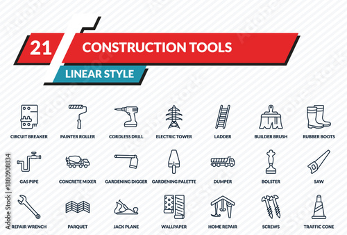 construction tools icons set - circuit breaker, painter roller, cordless drill, screws, traffic cone outline vector collection.
