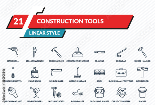 construction tools icons set - hand drill, stillson wrench, brick hammer, carpenter cutter, bucket outline vector collection.
