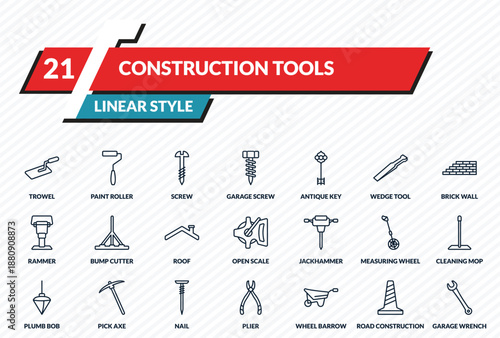 construction tools icons set - trowel, paint roller, screw, road construction, garage wrench outline vector collection.