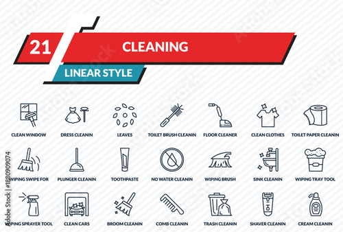 cleaning icons set - clean window, dress cleanin, leaves, shaver cleanin, cream cleanin outline vector collection.