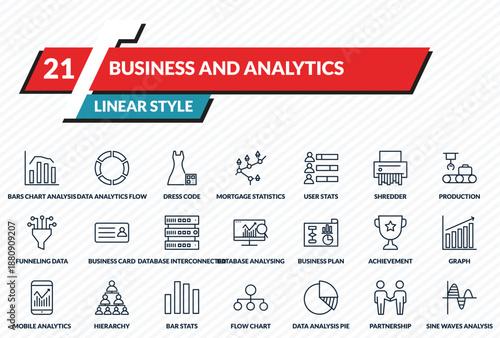 business and analytics icons set - bars chart analysis, data analytics flow, dress code, partnership, sine waves analysis outline vector collection.