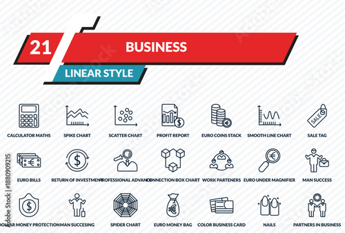 business icons set - calculator maths tool, spike chart, scatter chart, nails, partners in business outline vector collection.