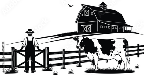 Black and white vector illustration of a farmer standing by a fence with a dairy cow and barn on a rural organic farm