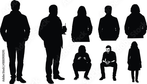 Silhouettes of people in various poses and activities against a white background