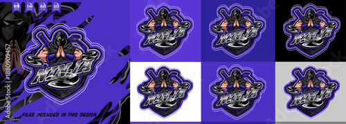 Modern hooded ninja e-sports mascot logo praying shinobi pose with crossed swords and shuriken's warrior shield gaming emblem t-shirt printing. gamer illustration for e-sport team. eps