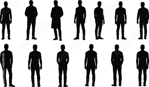Silhouettes of people in different poses and outfits black