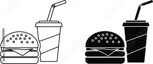 Fast food meal icons featuring outline and solid black hamburger and soda cup with straw for restaurant menu and branding.