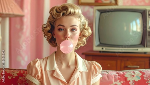 Wallpaper Mural A blonde woman with a retro hairstyle blows a large pink bubblegum bubble while sitting in a vintage living room. Sparkles float around her. Torontodigital.ca