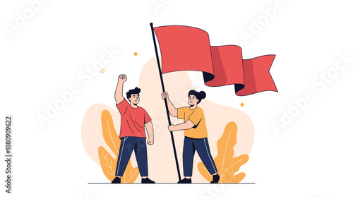 man and woman standing together and holding a large red flag while raising a fist in a symbolic protest pose.