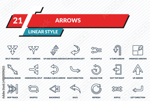 arrows icons set - split triangle, split arrows, up and down arrows, suffle, left direction outline vector collection.