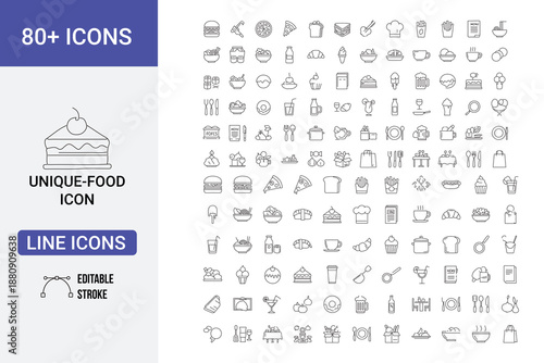 Unique food icon set with eighty plus linear symbols for restaurant menus and digital apps featuring various snacks beverages and main courses designed with editable stroke for professional quality