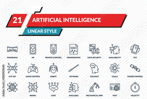 artificial intelligence icons set - panorama, ar, remote control, visit, velocity outline vector collection.