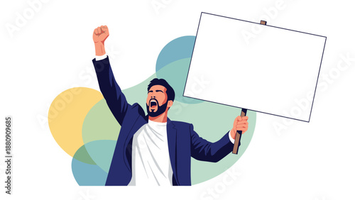 passionate man shouting and raising his fist in a protest while holding up a large blank white placard sign.