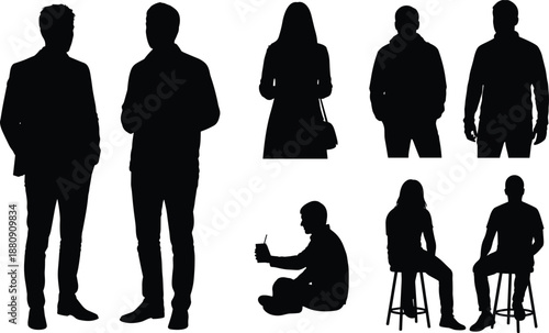 Silhouettes of people standing and sitting in various poses black