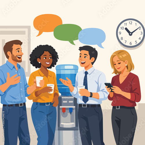 Four diverse colleagues talking and drinking water from a water cooler during a break