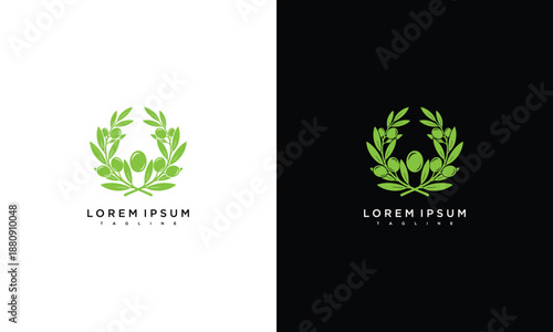 A dual-toned logo design featuring a wreath with leaves and a central element, presented on contrasting white and black backgrounds, viewed from a straightforward perspective.