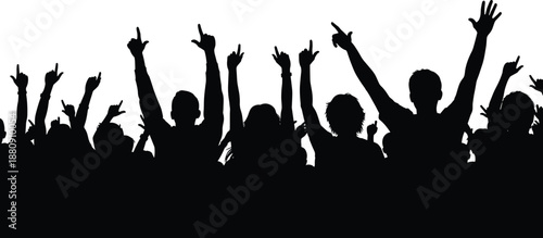 Silhouette of a crowd with raised hands and rock on gestures on a white background