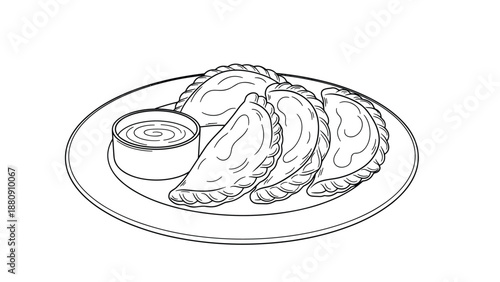 Plate of crispy golden empanadas or fried dumplings served with a small bowl of creamy dipping sauce for a delicious savory snack or meal.