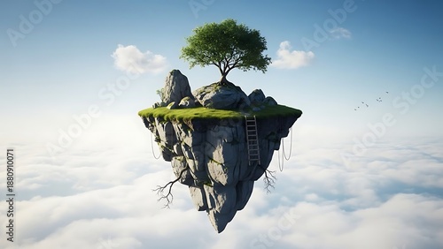 Floating Island with Tree and Ladder in Sky Landscape