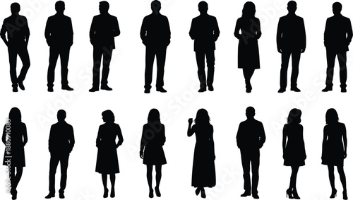 Silhouettes of people in business and casual attire standing in two rows business attire