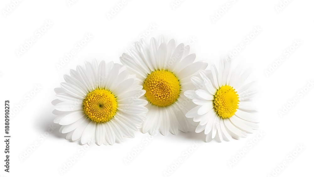 Obraz premium Beautiful white daisies with yellow centers arranged on white background