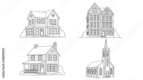 Collection of architectural line art drawings featuring different styles of houses and a church on a white background.